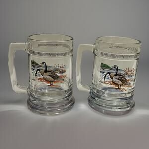VTG Princess House Colonial Greek Key Geese Beer Mugs Set Wildlife Painted Glass